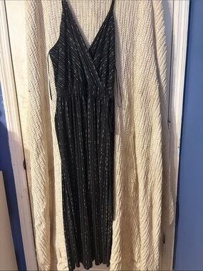 Kaileigh Black Metallic-Thread Wrap jumpsuit.